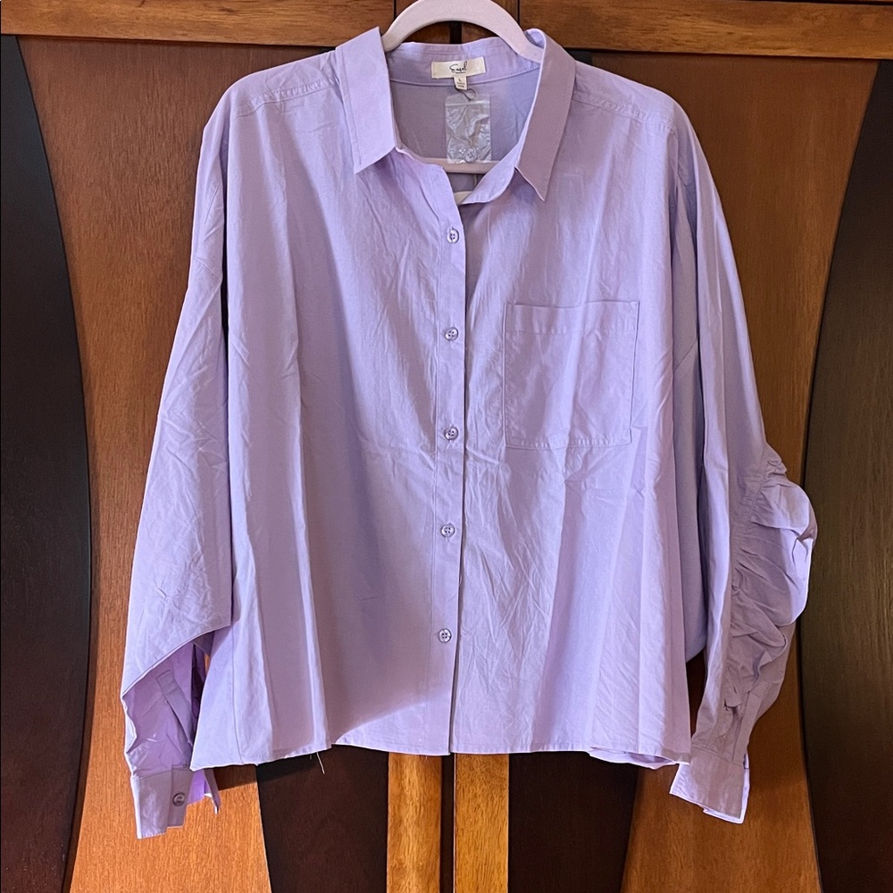 NWT🦀Easel Lavender Button Down Shirt w/Dolman Sleeves & Back Cuff 2 Cuff Ruffle